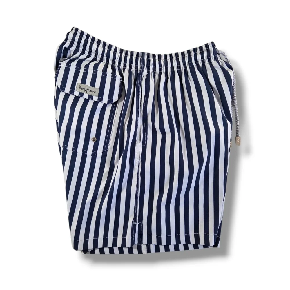 Kenny Flowers Striped Swim Trunks Blue White Resort Beach Shorts Men’s Medium
